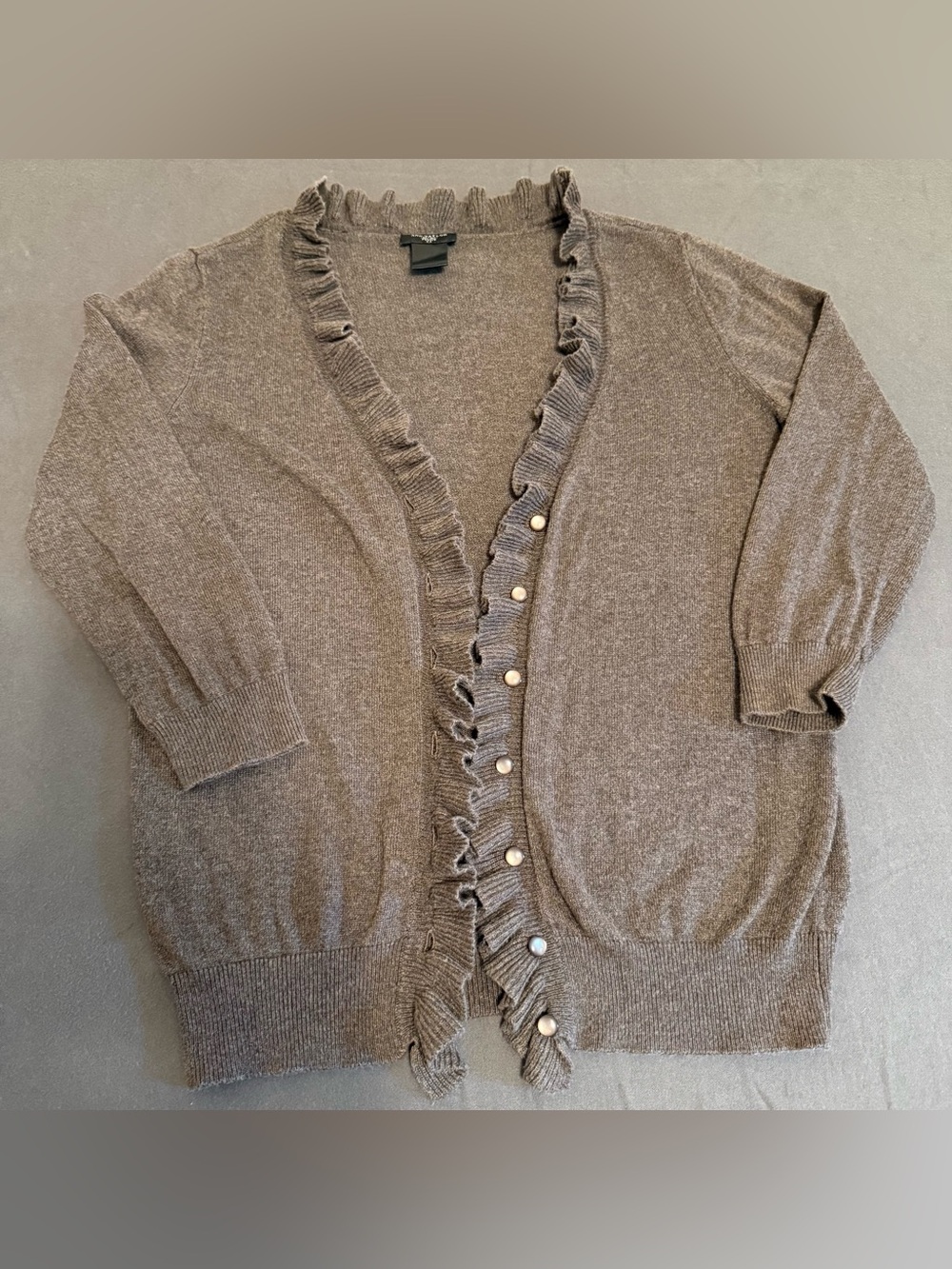 Ann Taylor Taupe Ruffle-Trim Button Cardigan